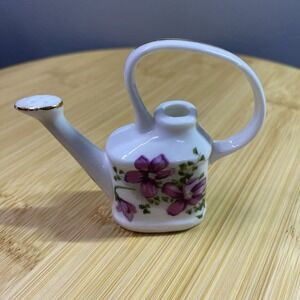 Miniature Porcelain Watering Can Salt & Pepper 2.75" Tall 3.5" Wide White/Purple